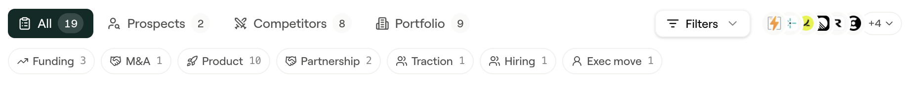 Signal category filters for funding, M&A, product launches, and hiring